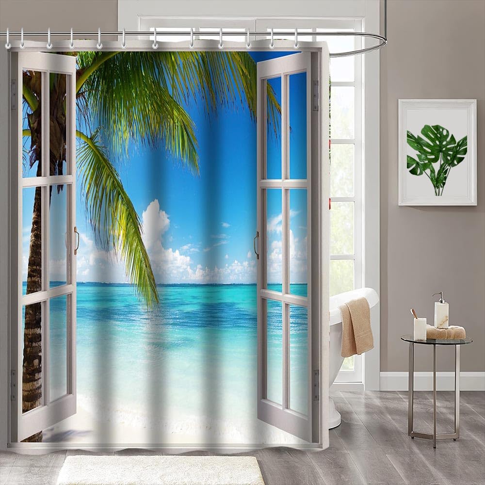 MEHOFOND Summer Beach Shower Curtain Tropical Island Palm Trees Ocean White Wooden Windows Waterproof Polyester Balcony Seascape Shower Curtain Set with Hooks Bathroom Decoration 72"x72"