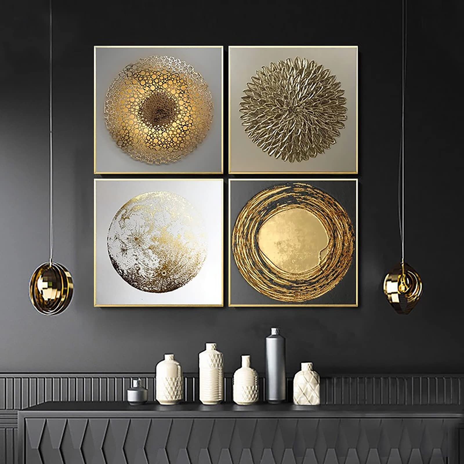 Wall Pictures Living Room, Pack of 4 Nordic Luxury Gold Abstract Canvas Pictures for Living Room, Bedroom, Without Frame (Abstract Gold 2, 4 Pieces - 50 x 50 cm)