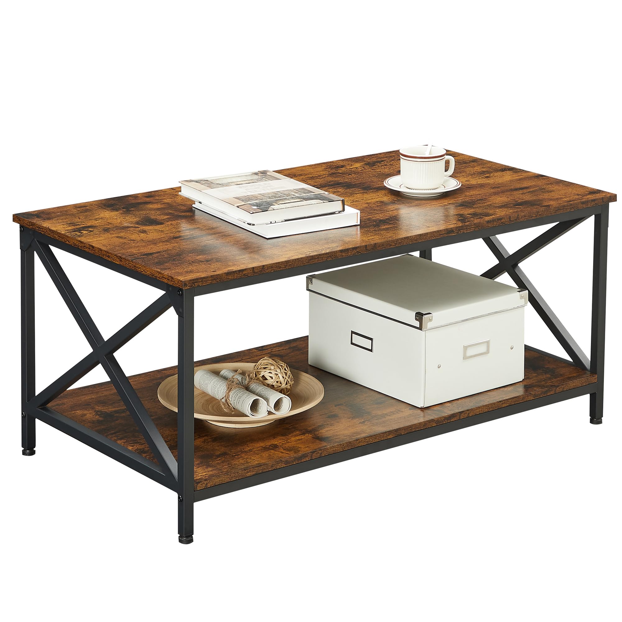 Coffee Table, Cocktail Table with Storage Shelf and X-Shape Steel Frame, Industrial Farmhouse Style, 39.4 x 21.7 x 17.7 Inches, Rustic Brown and Black ULCT200B01V1