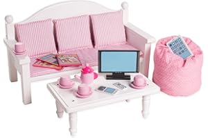 Playtime by Eimmie 18 Inch Doll Furniture Couch & Coffee Table Set – White, Wooden Playset with Living Room Accessories, Fits American, Generation, My Life & Similar 14”-18” Dolls