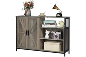 WEENFON Floor Storage Cabinet, Buffet Storage Cabinet with 2 Barn Doors, Industrial Sideboard with Adjustable Shelves, Buffet Table for Dining Room, Living Room, Kitchen, Rustic Oak