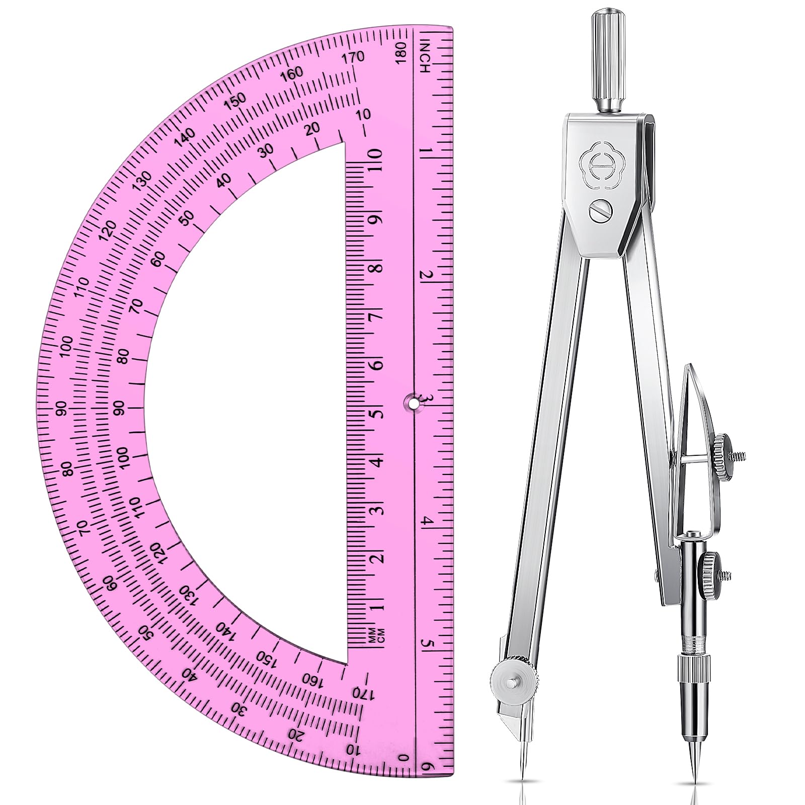 Photo 1 of EBOOT Student Geometry Math Set, Drawing Compass and 6 Inch Swing Arm Protractor 180 Degree Math Protractor (Pink)