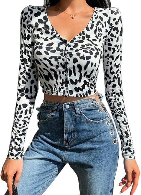 VIENNAR Women Sexy Deep V-Neck Leopard Print Bodycon Shirts Long Sleeve Slim Fit Button Down 