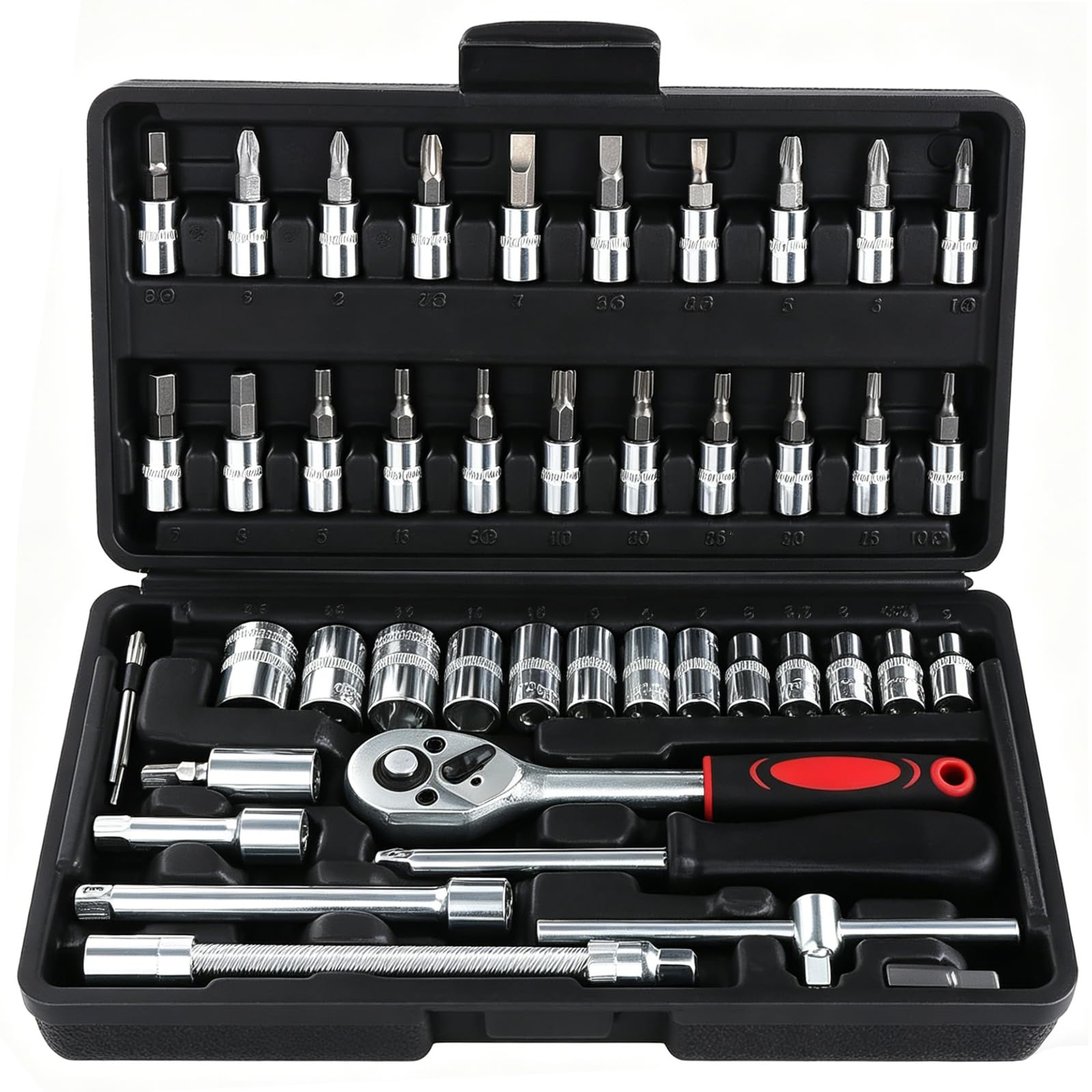 WiMas 46PCS Socket Wrench Set, Ratchet Socket Set, Metric Drive Socket Wrench Ratchet Tools Kit, Screwdriver Bits Auto Vehicle Repair Tool 1/4 Inch (Black)