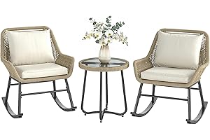Outsunny 3 Piece Patio Furniture Rocking Bistro Set, Outdoor Wicker Rocking Chairs with Cushions, Glass Coffee Table, Outdoor