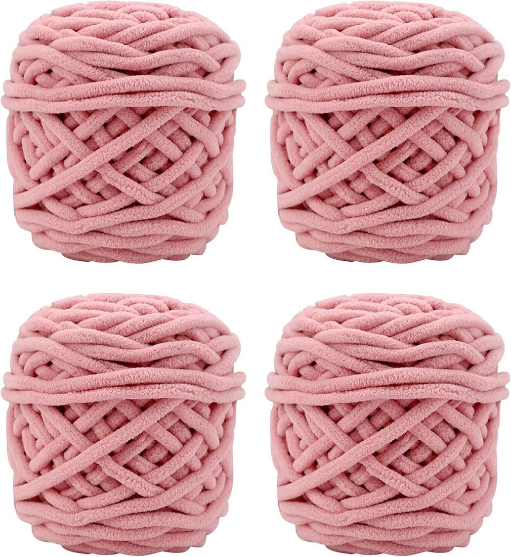 4 x 100g Knitting Wool Yarn Solid Color Knitting Yarn for Crochet for Yarn Projects Making DIY Crafts Scarves Hats Handmade Bags Blankets Sweaters (Leather Pink)
