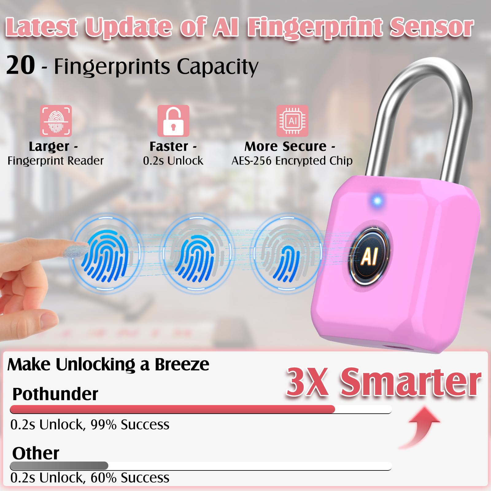 Pothunder Fingerprint Padlock, Locker Lock, Combination Lock, Fingerprint Lock with APP Unlock, USB Rechargeable, Suitable for Gym Locker, Door, Locker