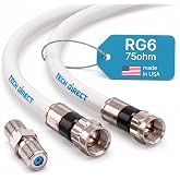 TechDirect 3FT RG6 Coaxial Cable with Connector, Coax Cable White | Made in USA Coax Cord Extender for High Speed Internet, TV Antenna, Cable TV, Satellite, Modem, MOCA, HDTV, Coupler Included