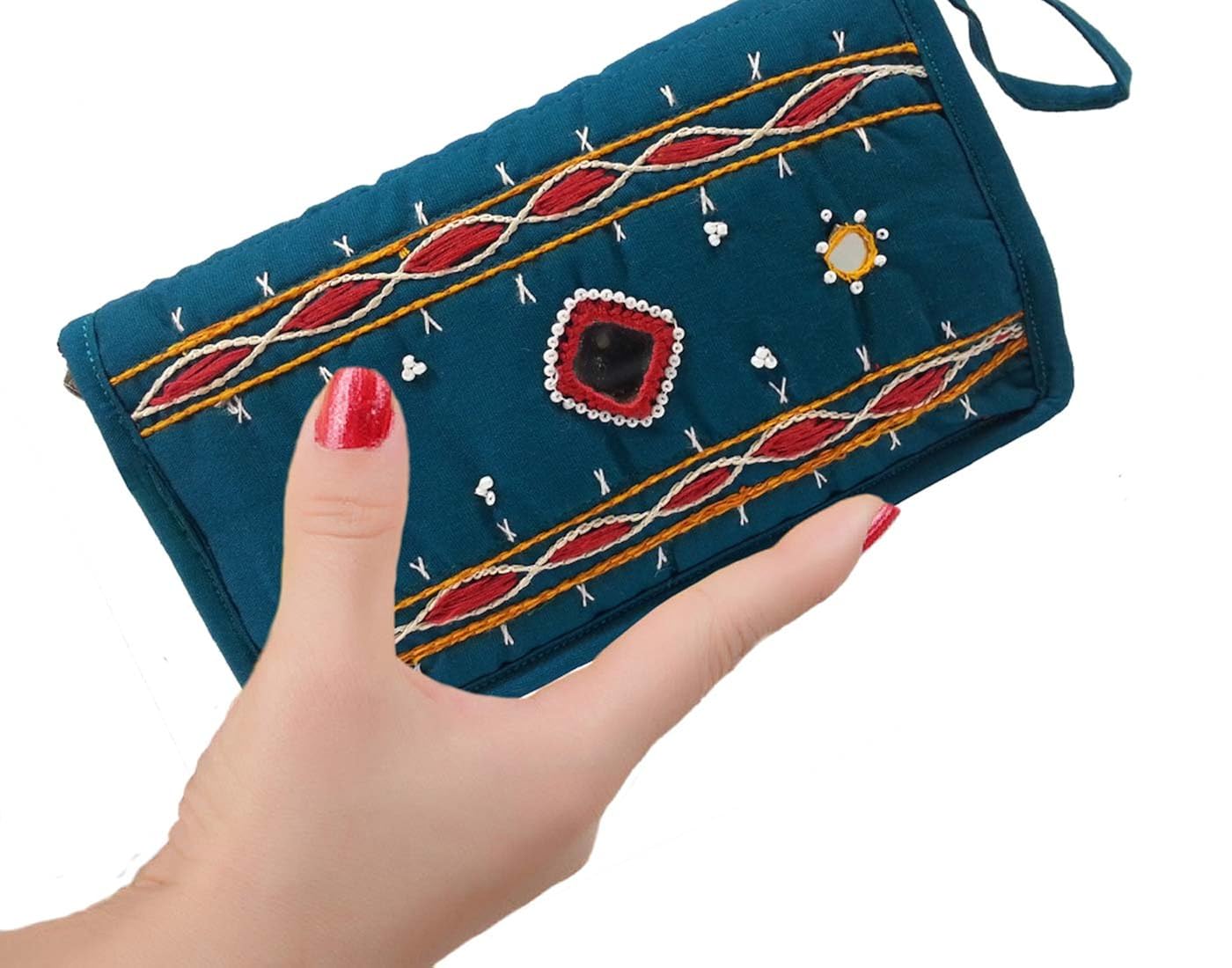 belladona mirror work purse with cell pouch in rama green