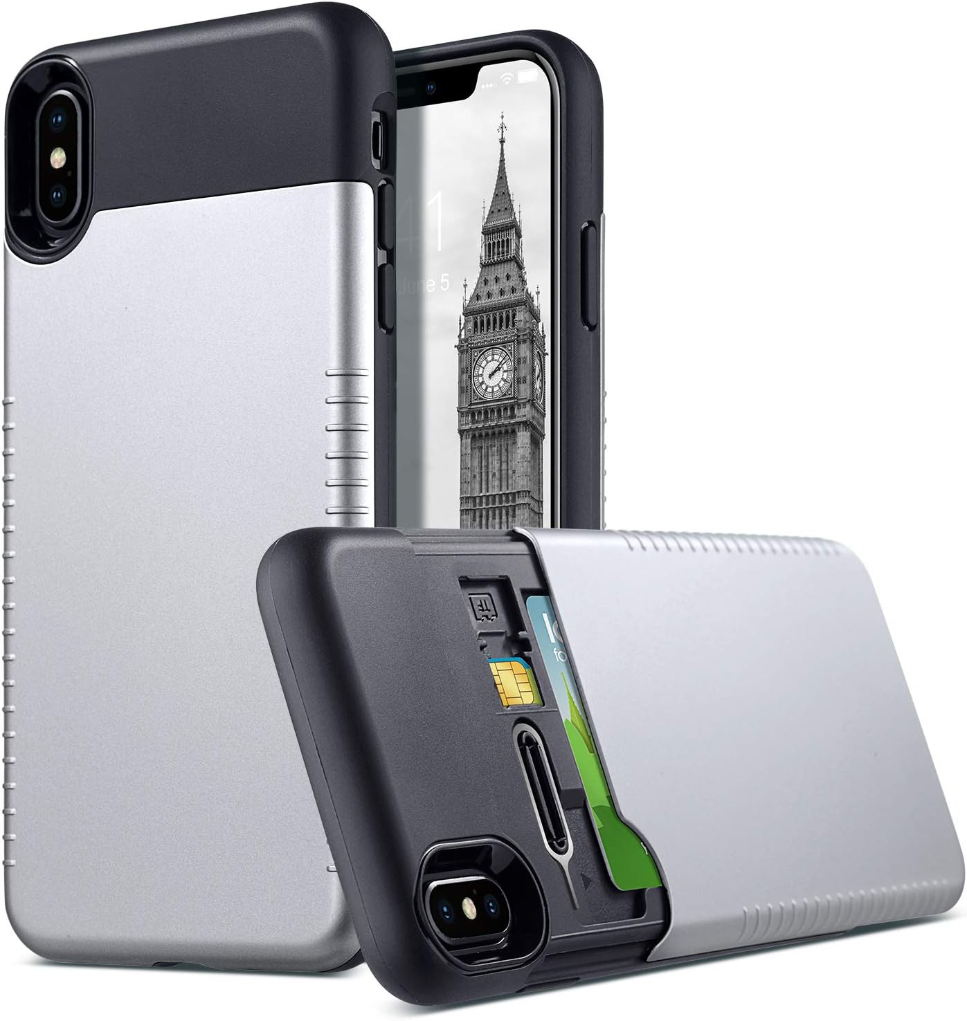 Amazon Com Ulak Iphone Xs Max Case Slim Stealth Wallet Case With Hidden Card Holder And Sim Card Slots Anti Slip Hybrid Shockproof Tpu Bumper Protective Cover For Iphone Xs Max 6 5 Inch Grey