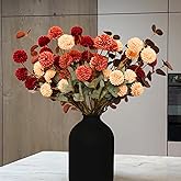 RyddeligHome Fall Flowers, Burnt Orange Faux Kiku Flowers Artificial 10 Stems + Eucalyptus, Fake Red Orange Mums Floral Centerpiece, Terracotta Mini Balls Faux Stems for Vase, Decoración de Otoño