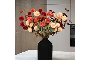 RYDDELIGHOME Fall Flowers, Burnt Orange Faux Kiku Flowers Artificial 10 Stems + Eucalyptus, Fake Silk Mums Fall Floral Centerpiece, Autumn Decor, Terracotta Mini Balls Faux Stems For Vase, Decoración de Otoño