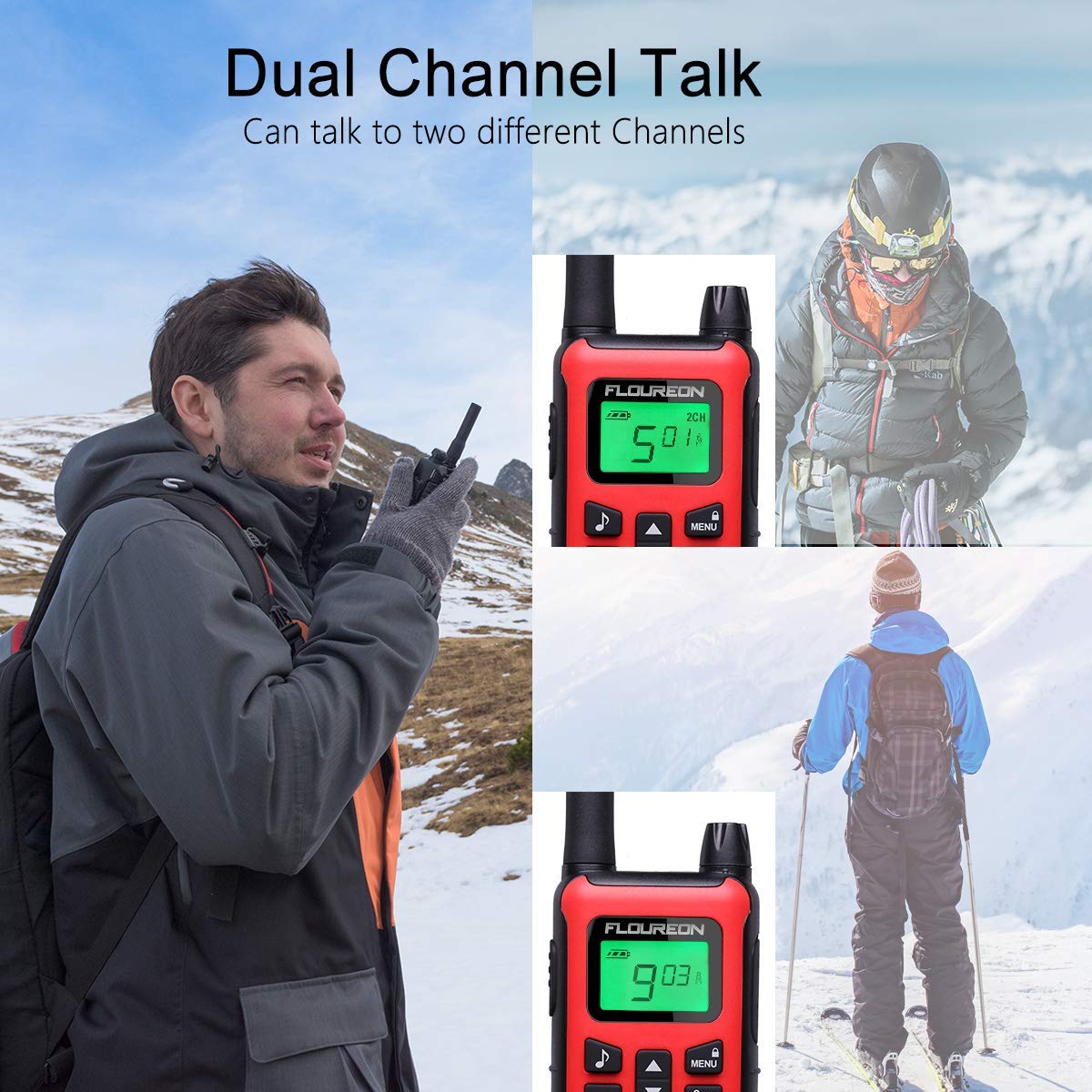 FLOUREON 4 Packs Walkie Talkies Two Way Radios 22 Channel 3000M (MAX 5000M Open Field) UHF Long Range Handheld Talkies Talky (Red FC200)