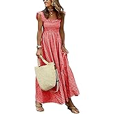 chouyatou Women's Retro Plaid Smocked Dress Spaghetti Strap Flounce Long Dress