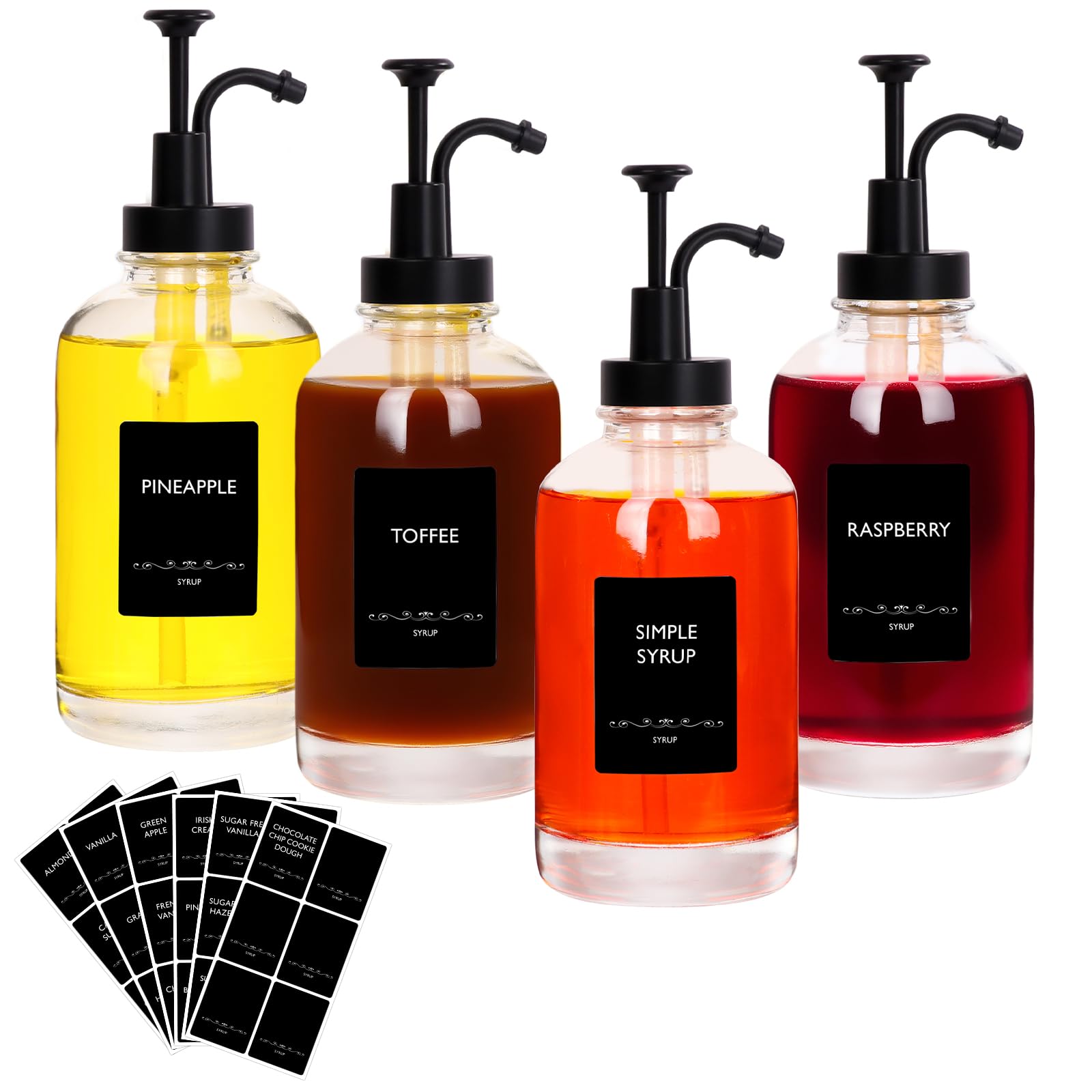 Photo 1 of ?16.9oz Coffee Syrup Dispenser 4Pack- Glass Syrup Dispenser Kit for Coffee Bar Accessories for Home Coffee Bar/Premium Labeled Barista Kit, Matte Black