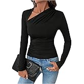 SHENHE Women's Fall Long Sleeve Slim Fitted Tee Shirt Asymmetrical Neck Fashion Going Out Top