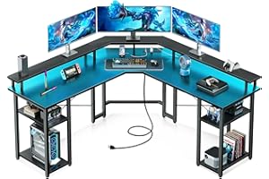 Coleshome L Shaped Gaming Desk with LED Lights & Power Outlets, Reversible 56" Computer Desk with Full Monitor Stand & Storage Shelves, Ergonomic Home Office Corner Desk, Black