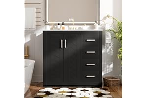 THINK 30 36 inch Black Bathroom Vanity with Sink and Countertop,Solid Wood Frame Bathroom Cabinet with Sink,Modern Sink Storage Cabinet with 3 Drawers & Soft Closing Doors,Silver Handles(Left Side Doors)