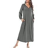 Marvmys Womens Cotton Long Sleeve Nightgown Long Sleepshirts Full Length Henley Sleep Dress with Pockets