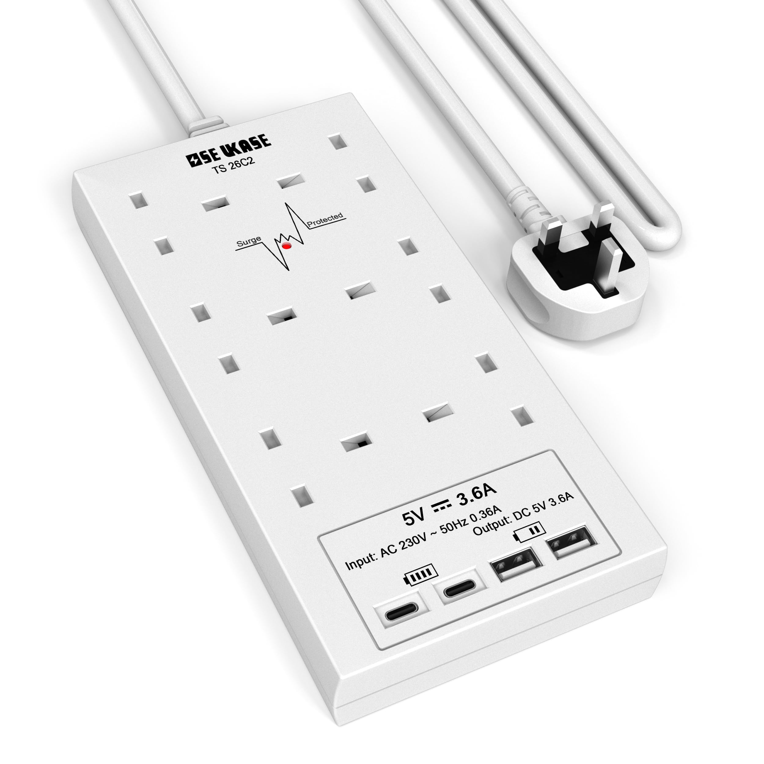 Extension Lead with USB Slots, 6 Way Socket Surge Protection with 4 USB Charger(2C+2A) Multi Plug 2990W Safety Shutter with 1.8M Extension Cord for TV PC Laptops Tablets