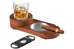 LSNISNI Solid Wood Cigar Ashtrays for Men, Whiskey Glass Tray and Cigar Holder, Cigar Accessories Gift for Men, Ceniceros para Cigarros, Cigar Cutter for Gift, Bar Home Decor(Oval)