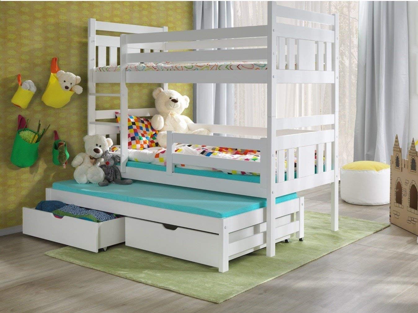 white triple bunk bed with storage