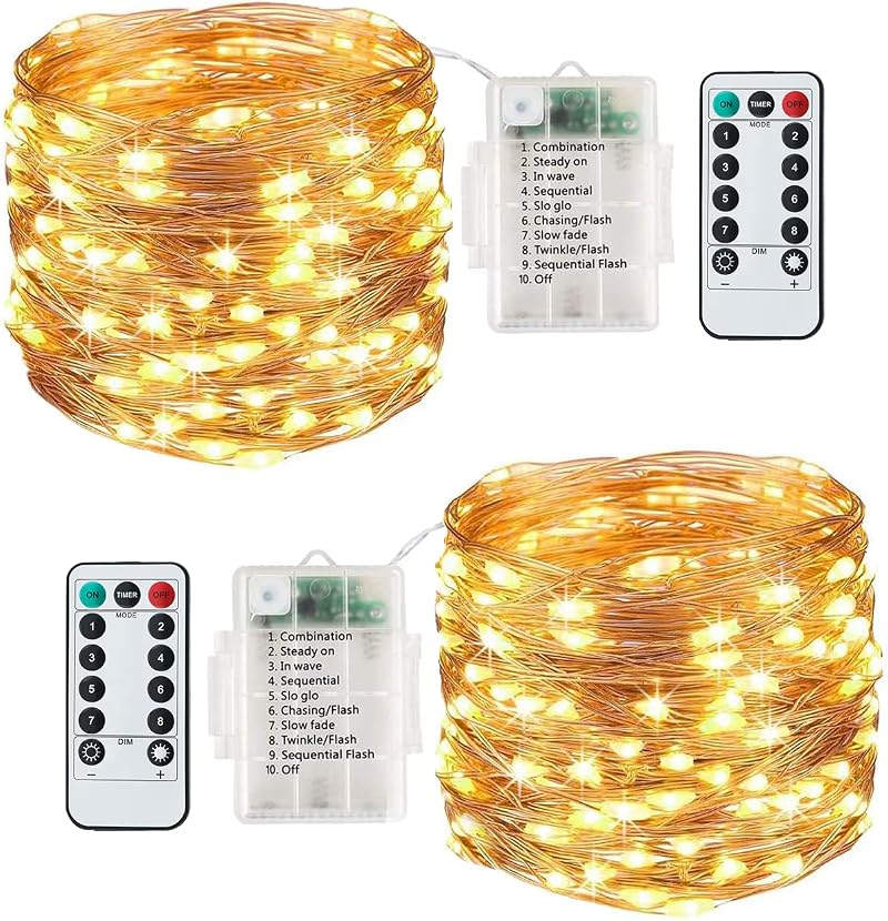 Lezonic Fairy Lights 120LED 13M 8 Modes Battery Operated IP65 Warm White 2 Pack
