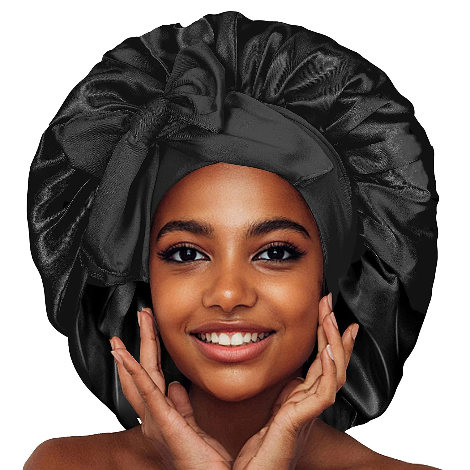 EOGRFW Satin Silk Bonnet for Women - Jumbo Adjustable Tie Bonnet (Black)