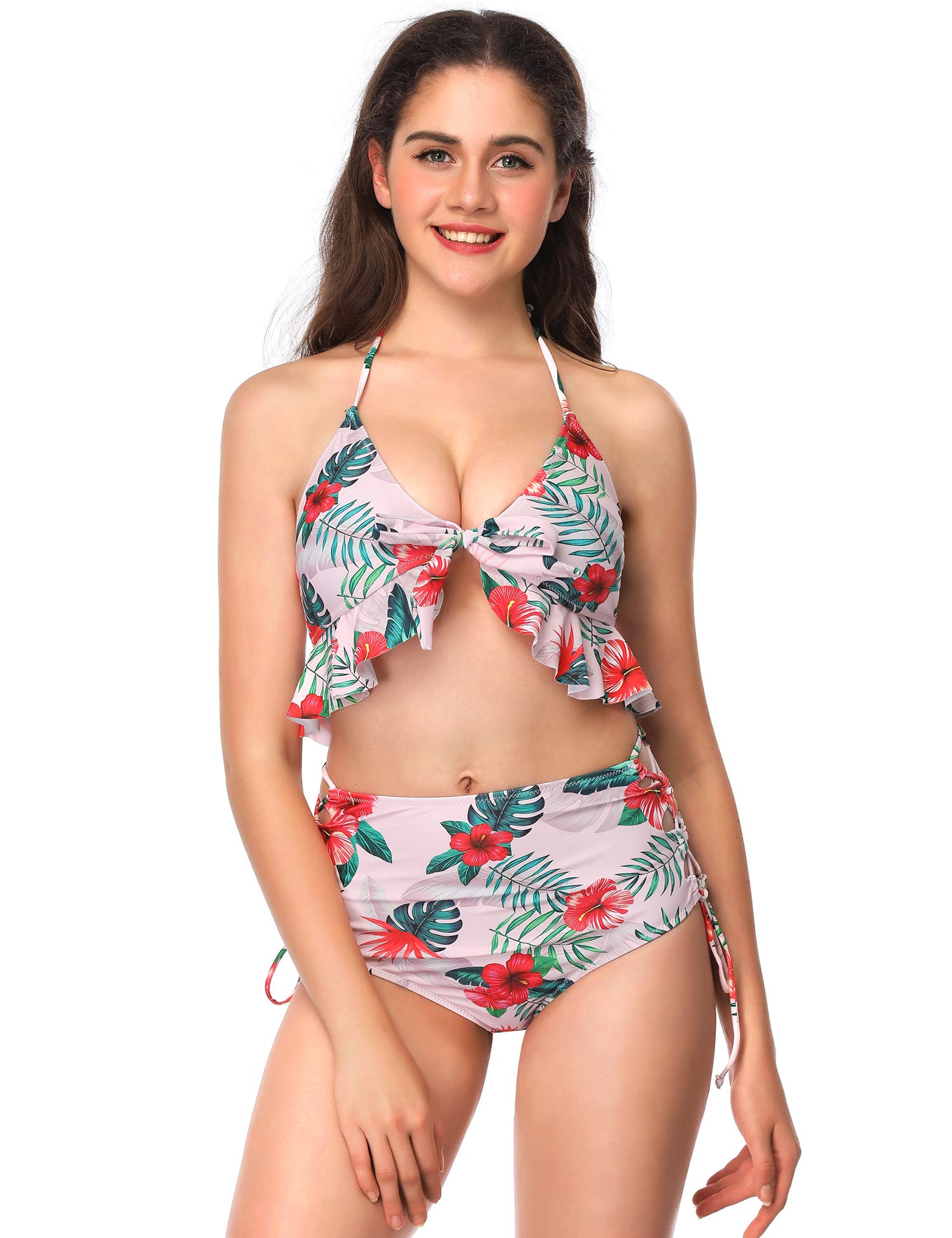Verano Playa Women Tie Front Swimsuit Two Piece Sexy V Neck Push Up Bikini Sets Floral Printed Bathing Suit Beach Swimwear