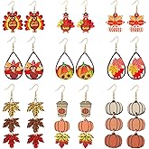 RLHRNDE 9 Pairs Thanksgiving Earrings Set for Women Wooden Teardrop Pumpkin Maple Leaf Turkey Corn Drop Dangle Earrings Lightweight Leaf Autumn Holiday Decorations Jewelry Gifts