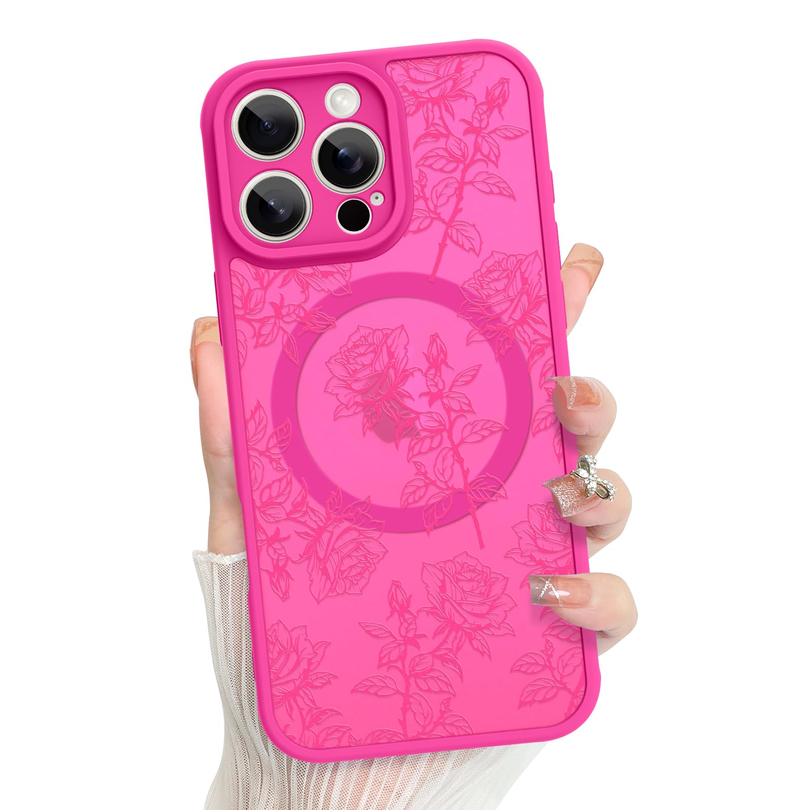 Photo 1 of MZELQ for iPhone 16 Pro Case Rose Floral Flowers Matte Aesthetic Cute Pattern Magnetic [Compatible wth Magsafe] Fit iPhone 16 Pro Case -Hot Pink