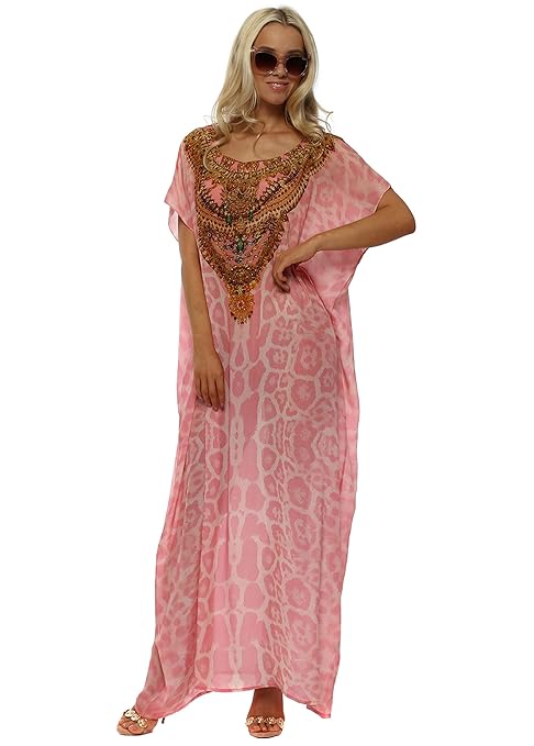Kaftan Dress pink transparent dubay style leopard decoration