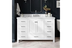 ARIEL Cambridge 55" White Bathroom Vanity with Sink, 1.5" Edge Italian Carrara Marble Countertop & Backsplash, Center Rectangular Sink, 2 Soft Closing Doors, 9 Full Extension Dovetail Drawers