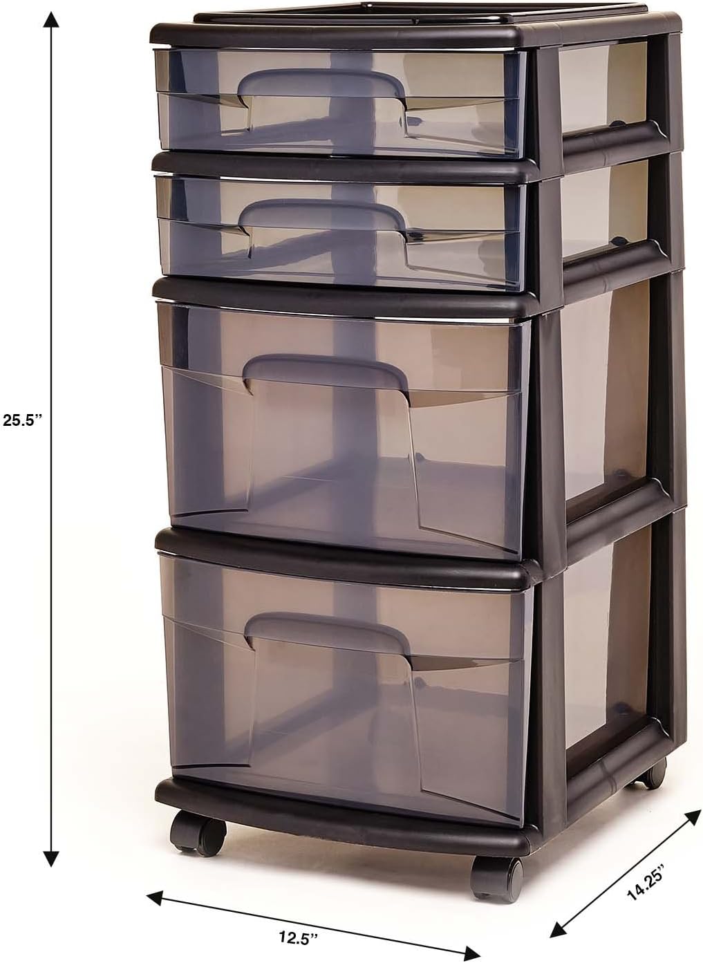 HOMZ Plastic 4 Drawer Medium Cart, Black Frame with Smoke Tint Drawers, Casters Included, Set of 1: Home & Kitchen