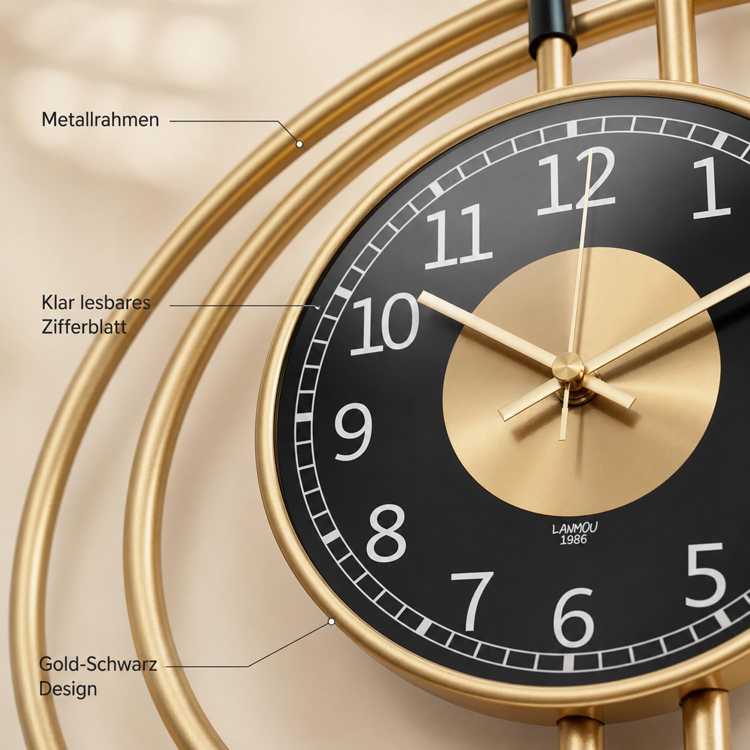 LANMOU Wanduhr Groß Modern 54cm, Gold Schwarz Metall wohnzimmeruhr Deko 5