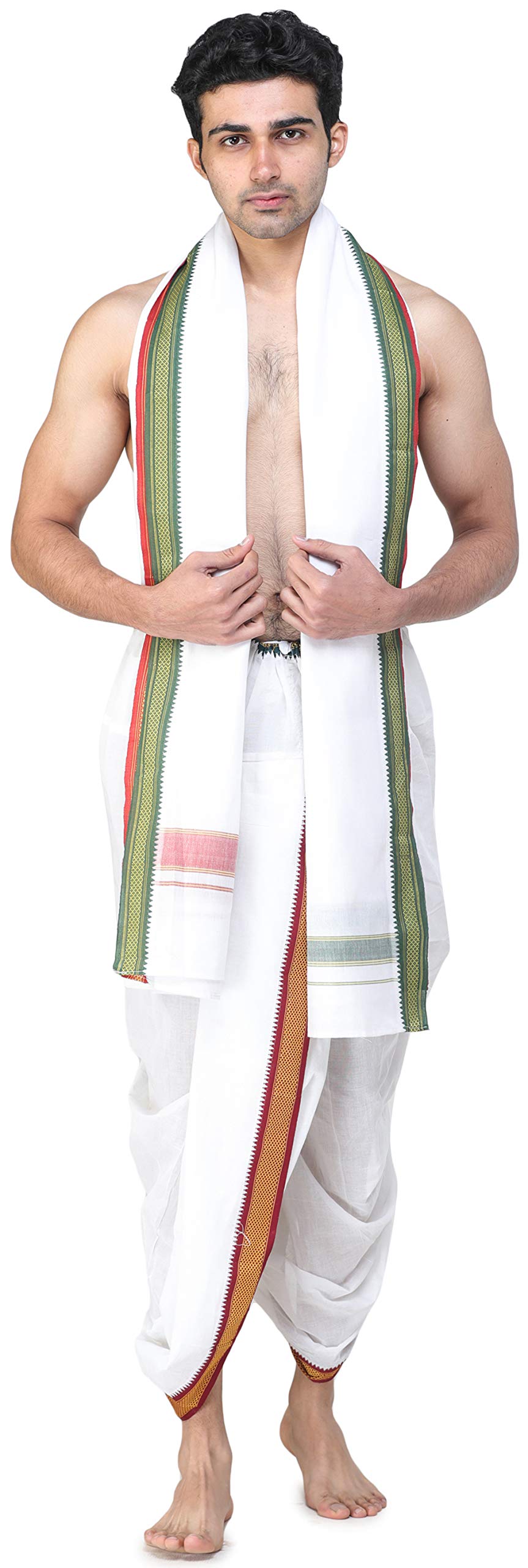 Photo 1 of (BAGGED) Exotic India Ready to Wear Dhoti and Angavastram Set with Woven Temple Border - Color Star White