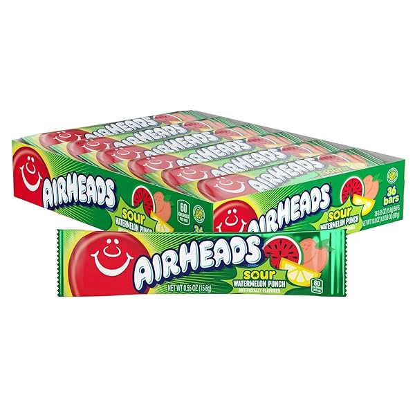 AIRHEADS SOUR FULL-SIZE CANDY BARS, TAFFY CANDY, SOUR WATERMELON PUNCH, INDIVIDUALLY WRAPPED CANDY, 36 COUNT