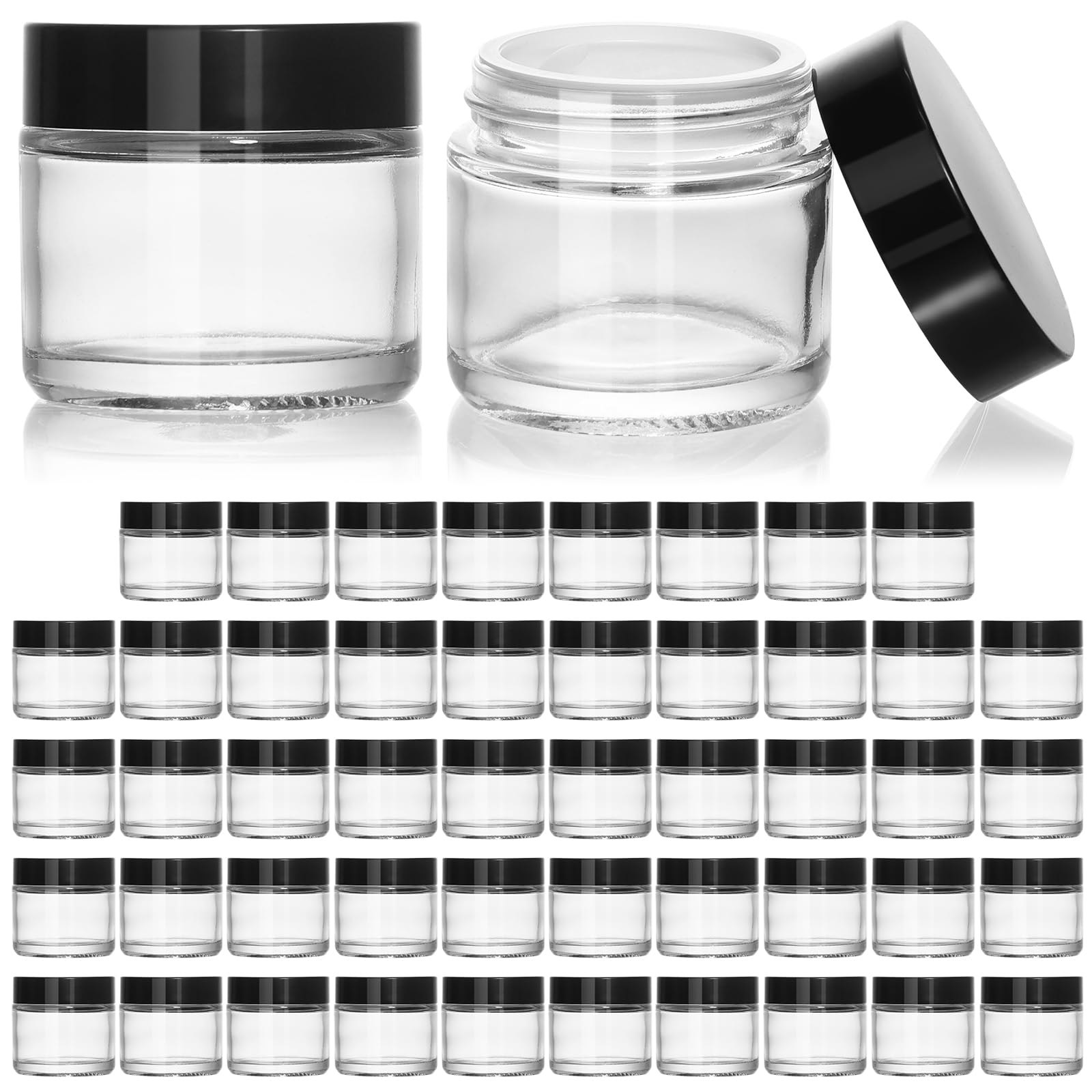 Photo 1 of KEYWING 2 oz Small Glass Jars with Black Lids, 48 Pack Clear Glass Cosmetic Jars, Empty Sample Container with Inner Liners for Lotions, Cream, Ointments and Powders