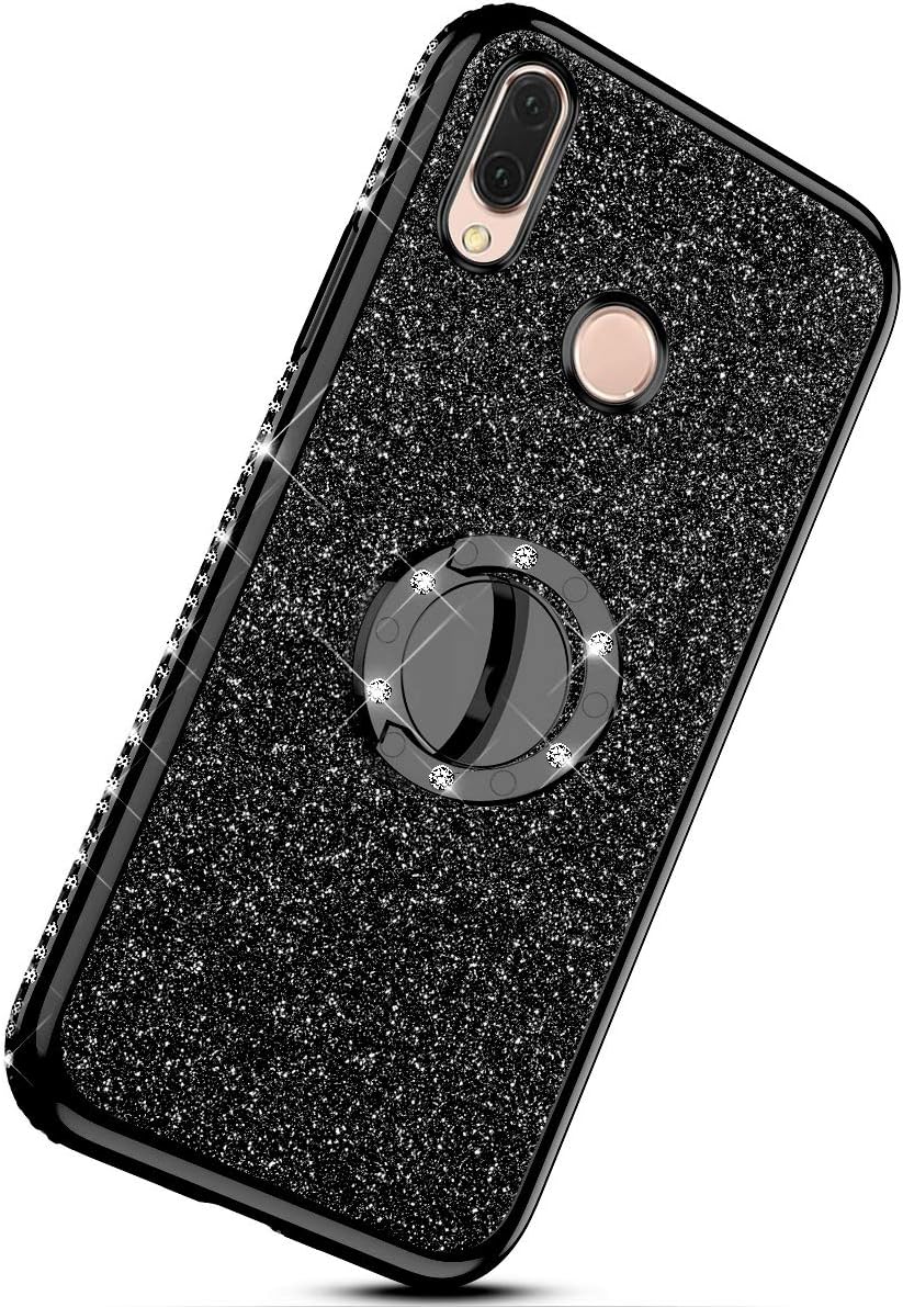 Herbests Compatible with Huawei Nova 3 Glitter Cute Phone Case for Women Girls with Ring Holder Kickstand Crystal Clear Thin Anti-Scratch Bumper Soft TPU Protective Cover,Black