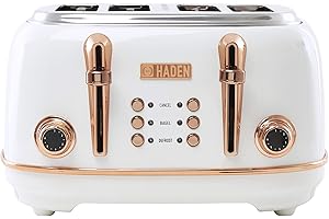 Haden Heritage 4 Slice Wide Slot Stainless Steel Toaster with Adjustable Browning Control & Non-Slip Feet, Ivory & Copper