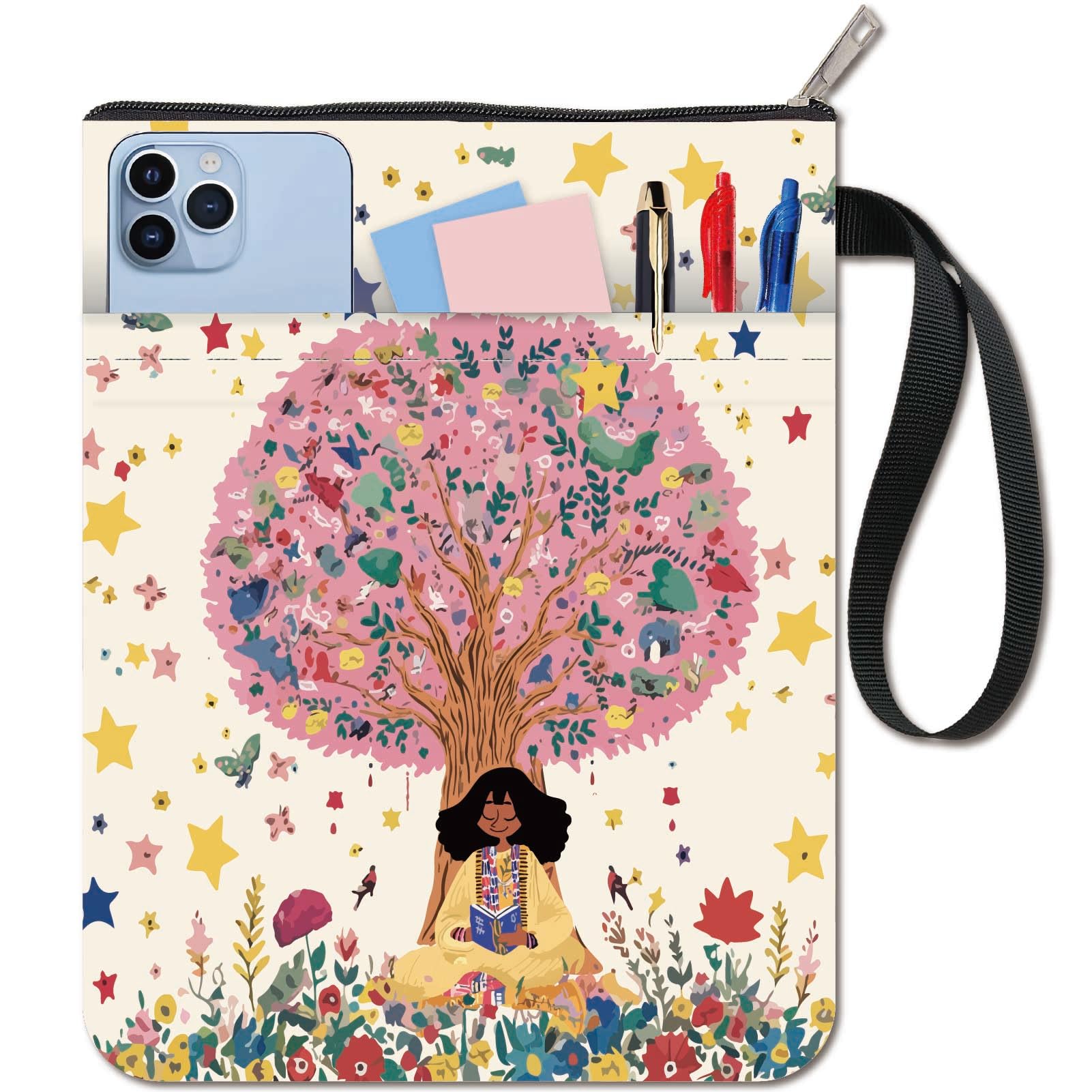 CRASPIRE Girl Book Sleeve Tree Stars Flower Protector Book Covers for Paperbacks Washable Fabric Cloth Book Cover with Zipper and Extra Sleeve Pocket for Book Lovers Classmate Friend Gifts