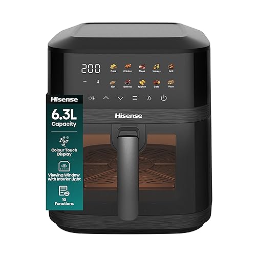 Hisense 6.3L Air Fryer - 1800W Energy-Saving Colour Touch Display Cooker with 10 Cooking Functions - Fries, Chicken, Steak, Veggies, Grill, Fish, Defrost, Egg tart, Cake,Pizza