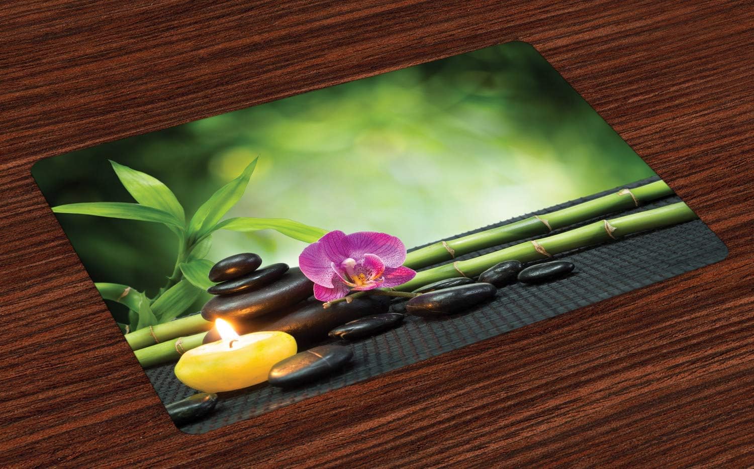 Ambesonne Spa Place Mats Set of 4, Orchid Bamboo Stems Chakra Stones Japanese Alternative with Feng Shui Elements, Washable Fabric Placemats for Dining Room Kitchen Table Decor, Green Fuchsia