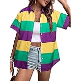 Mardi Gras Shirts Fat Tuesday Outfit: Women Carnival Themed Mask Tee Party Holiday T-Shirt Purple Button Up Tops