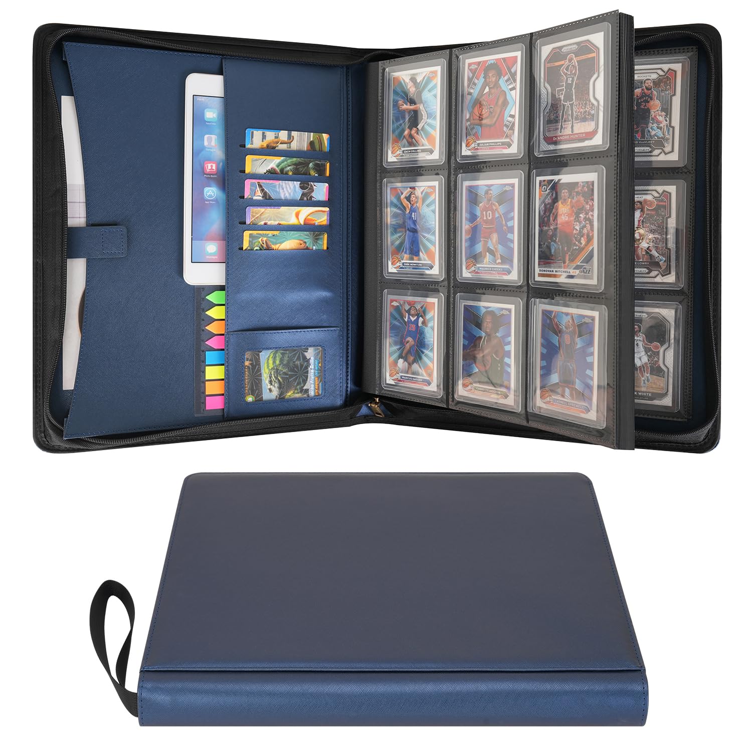 Wonderpool Card Binder 9 Pocket Toploader Trading Album Storage - 360 Side-Loading Holds Toploaders with Extra Interior Pockets | PU Leather Notebook for MTG TCG Yugioh Sports Cards (Blue)
