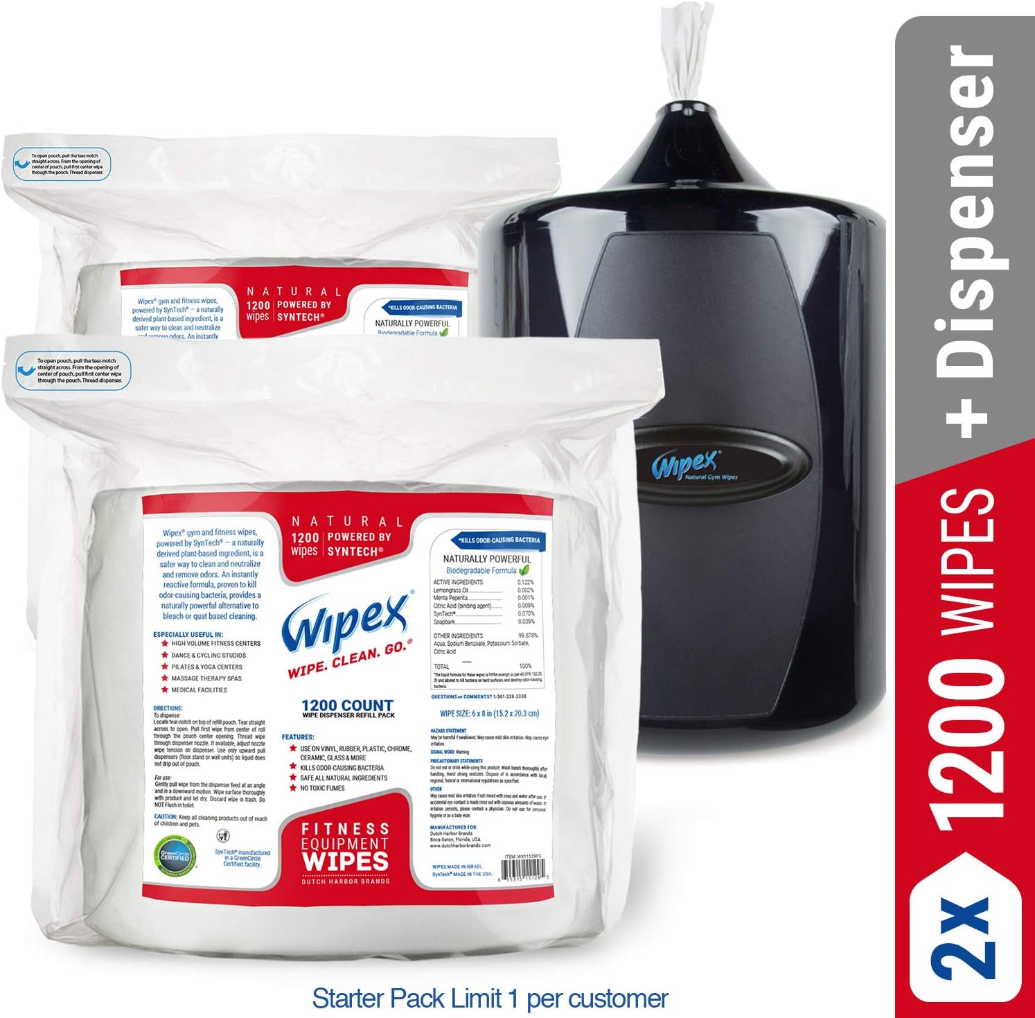 Gym Wipe Starter Pack: Upward-Pull Wall Dispenser Plus (2 X 1200ct Refills) Natural Gym Equipment Wipes for Dispensers, Kills Odor-Causing Bacteria, Unscented (Limit 1 per Customer)