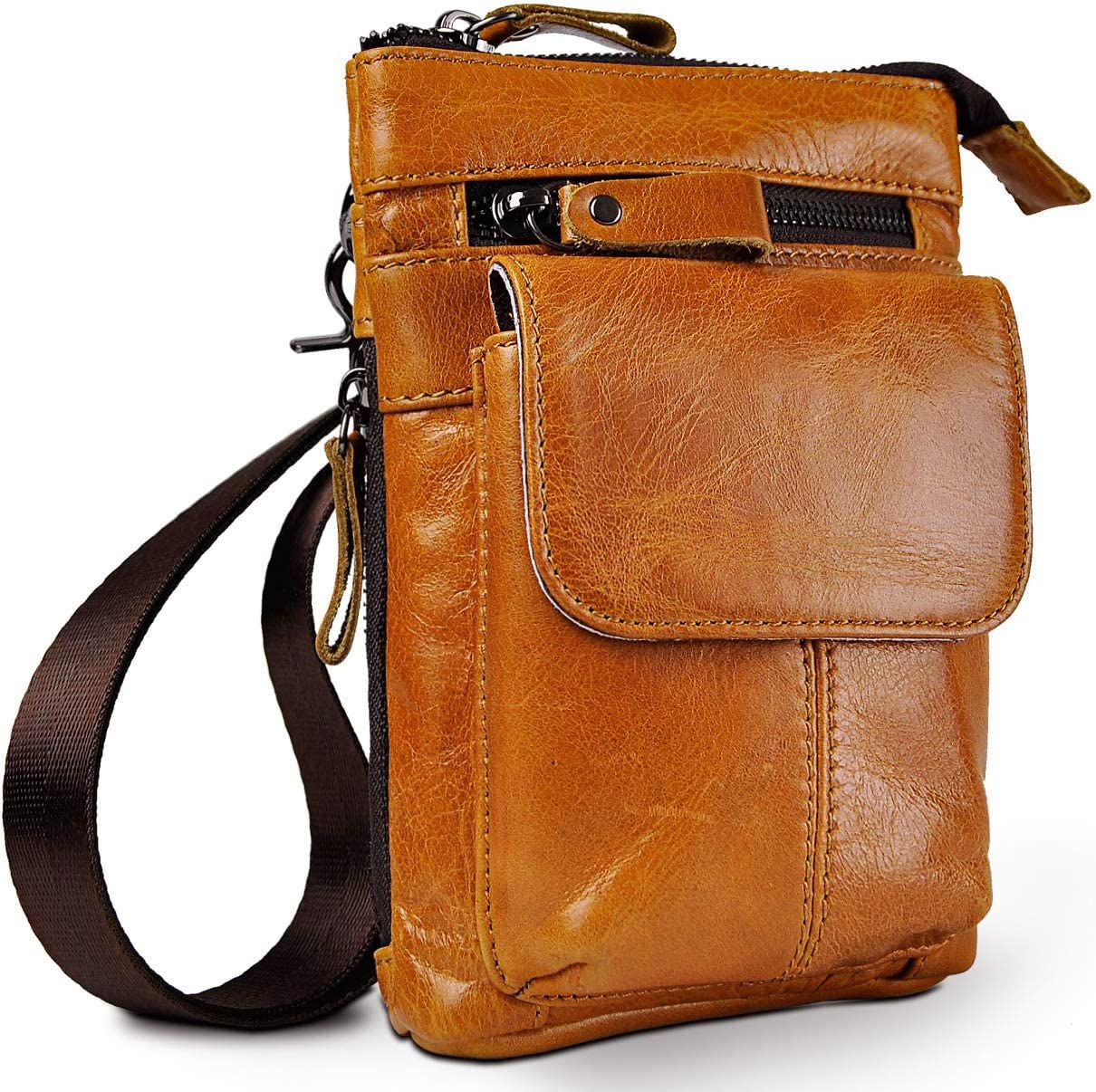 Le'aokuu Men Quality Leather Small Travel Outdoor Hip Bum Fanny Belt Waist Pack Satchel Messenger Bag Phone Pouch 611-18 (611-18 Brown)