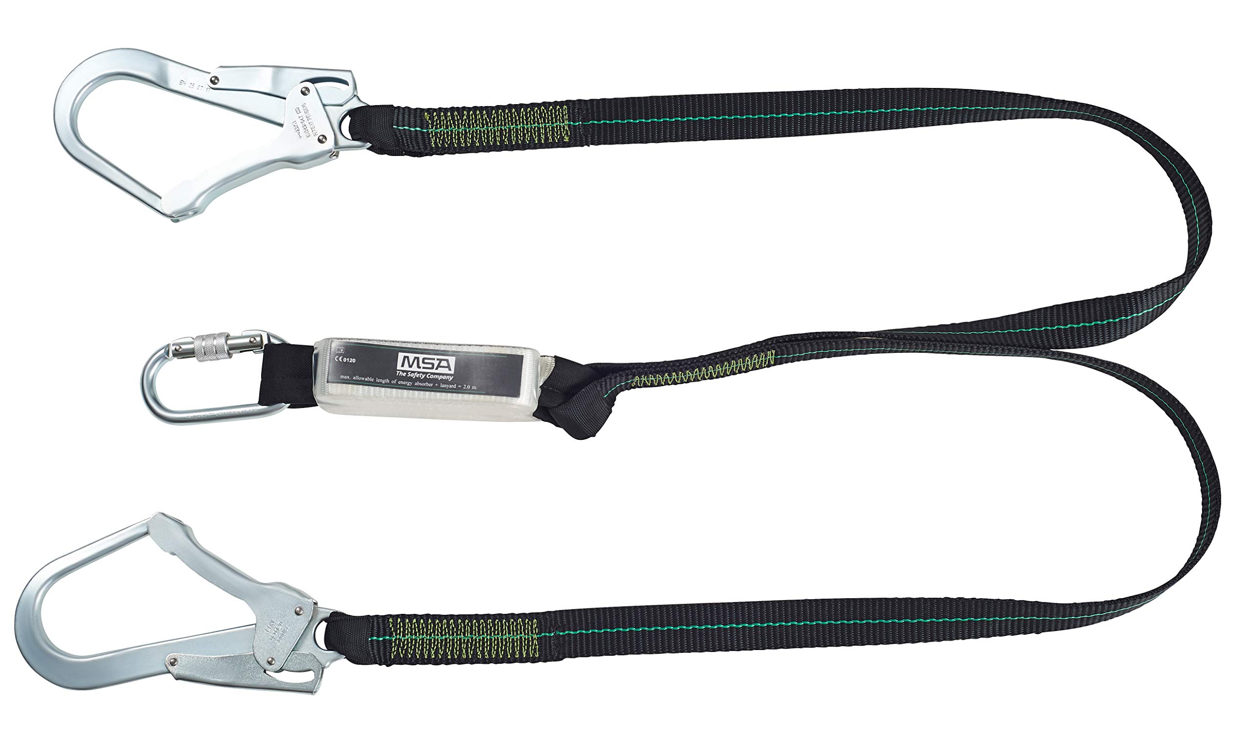 MSA Shock Absorbing Lanyard webbing 1,5m long Twin leg Steel screwgate carabiner Steel scaffold hook EN 355