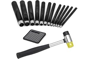 TLKKUE Leather Hole Punch(1.0-10mm), Round Leather Working Hollow Hole Punch Steel Heavy Duty Hole Punch with Leather Carving Hammer Cutting Mat for Watch Band, Belt, Wristband DIY Leather Crafting