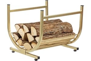 MyGift Modern Firewood Storage Rack with Brass Tone Metal U-Shape Frame, Compact Freestanding Fireplace Fire Starter Kindling Split Log Holder Elevated Wood Caddy